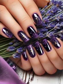 24pcs Medium Square False Nails, 3D Glitter Gold Star Sky Full Cover Removable Nail Art Set, Suitable For Women Party, Ball And Daily Wear - Purple - View 2