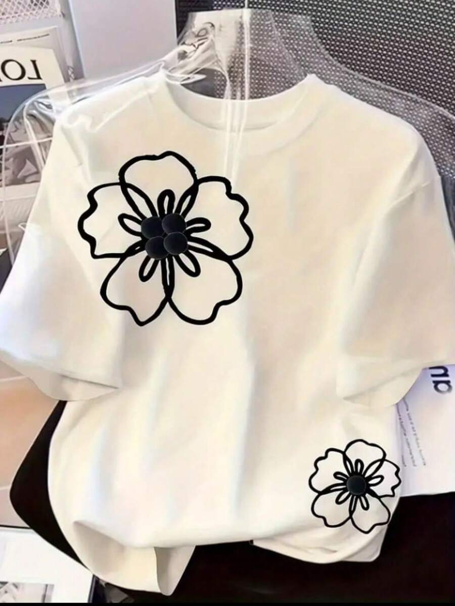 Women's 100% Cotton Casual Unisex T-Shirt With Floral Print And Round Neck, Ideal For Everyday Wear! - 白色 - 查看 1