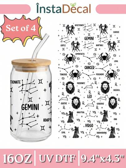 4 件/套 16 盎司玻璃杯 UV DTF 转印贴纸（9.4x4.3 英寸），无需加热，星座星座图案，简约黑色星象性格特征防水自粘贴纸，适用于 Libbey 易拉罐、保温杯等 DIY 生日礼物