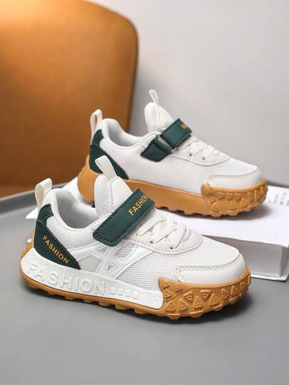 1 Pair Boys' Leather Printed Letter Patchwork Mesh Casual Sneakers, Fashionable Comfortable Breathable, Closure Design, Round Toe Non-Slip Outsole, Children's Leisure Sports Running Shoes, Suitable For Spring, Summer And Autumn