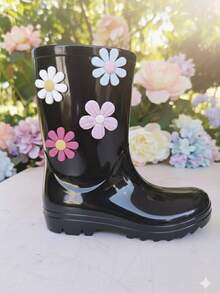 Girls' High-Top Rain Boots, Waterproof, Floral Print, Pastel Colors, Non-Slip, Comfortable - 黑色 - 查看 2