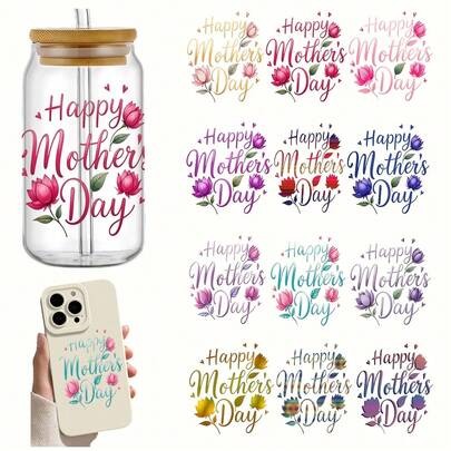 Conjunto de 4 adesivos decorativos para o Dia das Mães, com impressão UV DTF para embalagens de copos, ideais para canecas, garrafas, material escolar e artesanato. Papel de transferência fácil de aplicar, durável e reutilizável.