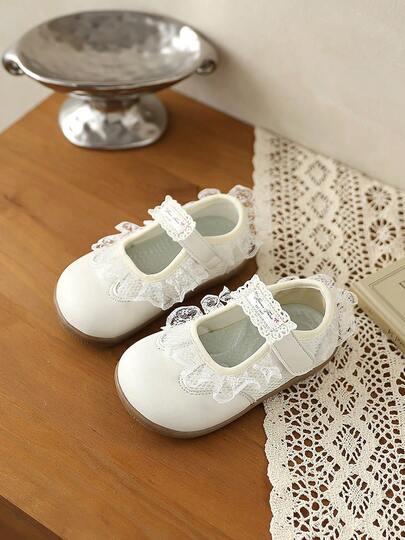 1 Pair Girls' Lace Leather Shoes, Breathable Non-Slip Flat Shoes, Hook And Loop Design, Sweet & Versatile, Comfortable & Stylish For Toddlers Learning To Walk