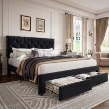 Beaully Velvet Upholstered Bed Frame With 2 Drawers And Smooth Casters &Headboard, Queen/Full King Size Button Tufted Rivets Headboard, Wooden Slat Support, Noise Free & No Box Spring Needed - Black-Queen Size - 查看 8