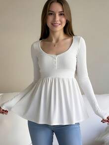 Awevudst Women's Babydoll Tops Long Sleeve Henley Shirts Cute Scoop Neck Ribbed Knit Blouse - 白色 - 查看 4