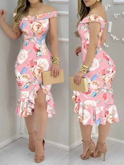 ChicMe Vestido de Body ceñido de longitud media con hombros abiertos, volantes en el bajo y abertura, estampado, adecuado para fiesta, cita y uso de verano, elegante color rosa