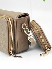 迷你斜挎手机钱包，柔软PU时尚翻盖手机钱包，拉链多功能大容量手机钱包，二合一大容量手机钱包和卡包 - 駝色 - 查看 3