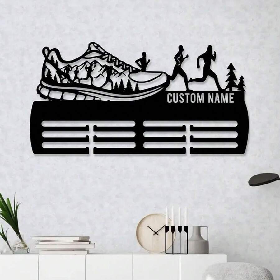 1 pieza Soporte personalizado para medallas de montañismo y carrera, estante de medallas de metal, de 12 niveles para exhibición de medallas y cintas, estante de medallas deportivas, soporte de medallas multinivel, regalo para atleta, suministros de premios personalizados - Negro - Ver 1