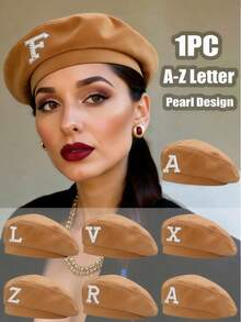 1顶女士纯色贝雷帽，饰有26颗珍珠字母，时尚休闲复古优雅可调节帽款，适合春秋季节，简约日常街头风，节日礼物 - 棕色 - 查看 1