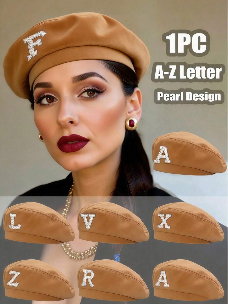 1顶女士纯色贝雷帽，饰有26颗珍珠字母，时尚休闲复古优雅可调节帽款，适合春秋季节，简约日常街头风，节日礼物 - 棕色 - 查看 1