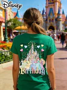 Disney Authorized Women's Casual Short Sleeve T-Shirt, Birthday Princess Themed, Double-Sided Print, Front With  & Castle (Custom Name), Back With Princess Collage, Breathable, Perfect For Birthday Outfits - 綠色 - 查看 3