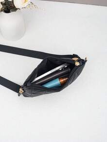 Women's New Fashion Stitched Crossbody Bag, Shoulder Bag, Clutch Bag, Envelope Bag, Rectangular Metal Decor, Suitable For Daily Wear - Black - View 6