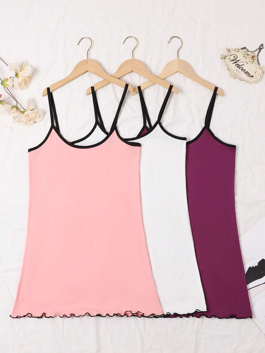 3pcs/Set Women's Spaghetti Strap Nightgown, Polyester Knit Fabric, Fashionable Thin Nightdress Sleepwear, Spring/Summer - Multicolor - View 1