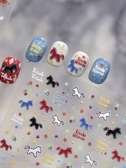 1pc 5D Stereoscopic Horse Silhouette Collage, Colorful Stars & Pentagrams Stickers For DIY Nail Art Decor