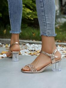 Sandalias con tacón y adornadas con diamante de imitación brillantes para adolescentes - Zapatos de fiesta con tiras doradas y transparentes - Dorado - Ver 5