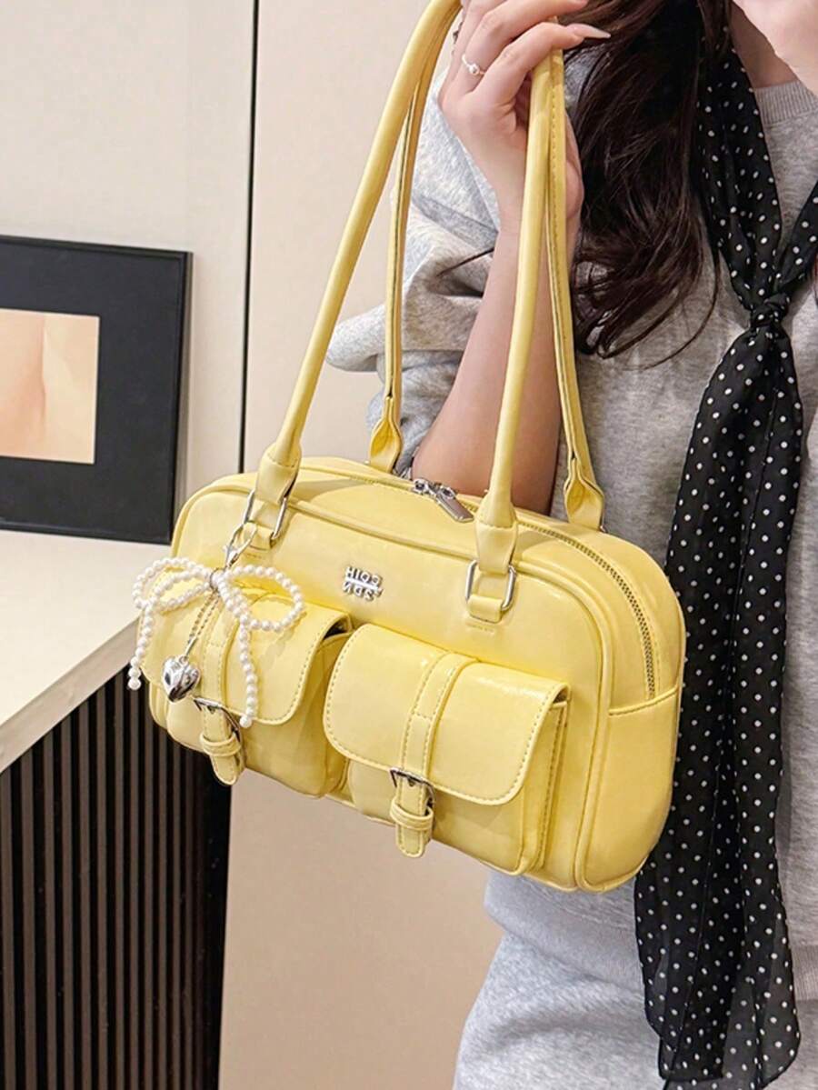 Women's Retro Solid Color PU Leather Shoulder Bag, Multi-Pocket Design, Large Capacity, With Detachable Decorative Pendant, Vintage Style , Office Bag - Yellow - View 1