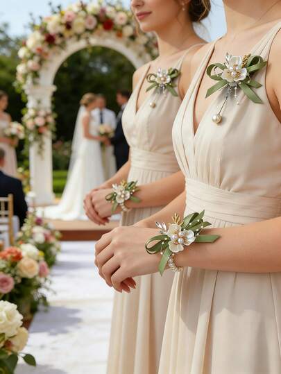 1pc/2pcs White Triangular Leaf With Green Ribbon And Small Beads High-End Groom/Groomsman Boutonniere, Suitable For Bride, Bridesmaid, Wedding, Engagement, Ball, Party Decoration, Daily Wear