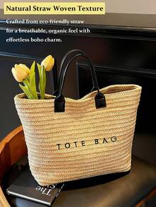 New Fashion Large Capacity Letter Decor Woven Straw Tote Bag, Minimalist Elegant Women Shoulder Handbag, Multi-Functional Commuter Casual Vacation Woven Straw Handbag, New Beach Vacation Shoulder Underarm Straw Large Bag, Eye-Catching Beach Bag Summer, Summer Straw Beach Bag For Women, Suitable For Commuting, Shopping, Beach Vacation And Beach. , Office, Holiday[US Local Warehouse]The Best Gift Choice, Birthday Gift,Holiday Bag - Nhiều màu - Xem 4