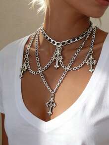 1件哥特朋克风十字架项链，带流苏链，金属银色吊坠项链，百搭配饰，男女皆宜，适合日常佩戴、派对、音乐节、演唱会等场合。 - 銀色 - 查看 2