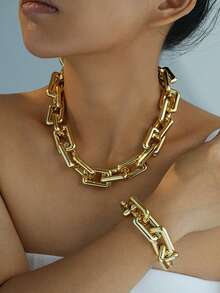 1 Set Women's Retro Minimalist Flat Metal Cuban Link Necklace And Bracelet Set, Suitable For Daily Wear, Weddings, Brides, Parties And Celebrations - Yellow Gold - View 7