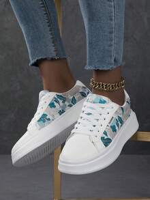 2026新款女士系带休闲运动鞋，白色运动鞋，滑板鞋，轻便街头滑板鞋 - 藍白色 - 查看 6