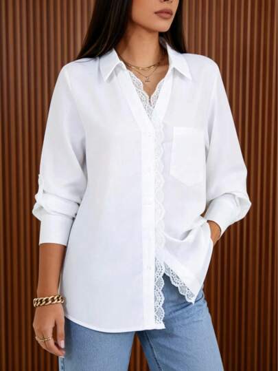 Women's White Casual Top, Classic Button-Down Long Sleeve Shirt, Collared Everyday Wear