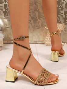 闪亮水钻蝴蝶结银色尖头细高跟鞋，女士套脚粗跟鞋 - 金色 - 查看 3