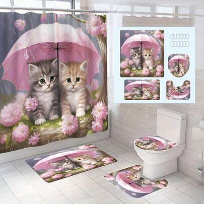 1/4 Pcs Pink Umbrella Cat Pattern Shower Curtain Set, Waterproof Shower Curtain With 12 Hooks, Non-Slip Bathroom Mat, U-Shaped Toilet Mat, Toilet Mat, Bathroom Accessories