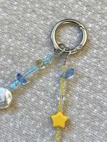 1件夏季海洋海星贝壳蓝色清新度假风水晶珠链水晶珍珠扣手机绳，ins风女孩包包挂件学生派对礼物手机配件 - 彩色 - 查看 4