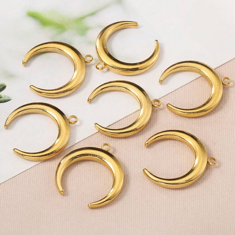 5pcs Fashionable Stainless Steel Crescent Moon Shaped Single Hole Pendant, Suitable For DIY Necklace, Bracelet, Earring, Beaded Jewelry Making