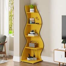LITTLE TREE LITTLE  TREE Corner Shelf, Modern 5-Tier Wall Corner Bookshelf, Stylish Corner Small Bookcase Storage Rack Plant Stand With Unique Shape For Living Room, Home Office,1PCS - Yellow - View 6