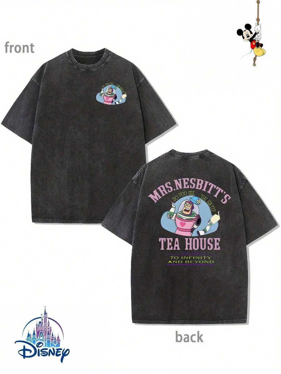 Disney Official Licensed Toy Story Buzz Lightyear "Mrs. Nesbitt's Tea House" Double-Sided Graphic T Shirts 100 Percent Cotton Disney Shirt Washed 230g Unisex - Black - View 1