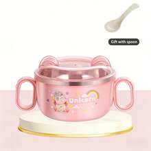 1pc Baby Tableware 304 Stainless Steel Anti-Drop Bowl With Lid, Cartoon Dual-Ear Bowl, Baby Feeding Bowl Non-Scalding Easy To Grip - Multicolor - View 11