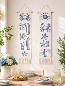 1件/2件装海岸沙滩挂毯，波西米亚风海洋主题墙饰，蓝白螃蟹、海星和冲浪板图案，适合卧室和客厅，主题墙画，非常适合海岸风和夏季装饰爱好者。 - 彩色 - 查看 4