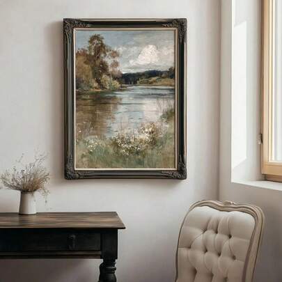 1 pieza Póster de lienzo con paisaje vintage de campo francés enmarcado/sin enmarcar, arte de pared rústico con impresión de bosque, lago y pradera para decoración de apartamento, sala de estar, dormitorio, decoración del hogar moderna