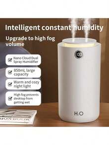 GS45加湿器，新款大容量纳米双雾加湿器，静音家用加湿器，带暖光夜灯，高雾量输出，不沾湿表面，3档雾量可调，数字显示，加水方便，适用于客厅、卧室和书桌，容量850毫升，1200毫安时电池 - Mist - 查看 3