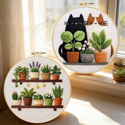 DIY刺绣套装，适合初学者，手工制作，圆形盆栽花卉植物图案，包含绣绷、绣线、工具，北欧风格墙面装饰画，客厅背景墙，创意礼物