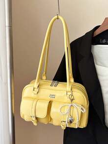 Women's Retro Solid Color PU Leather Shoulder Bag, Multi-Pocket Design, Large Capacity, With Detachable Decorative Pendant, Vintage Style , Office Bag - Yellow - View 2