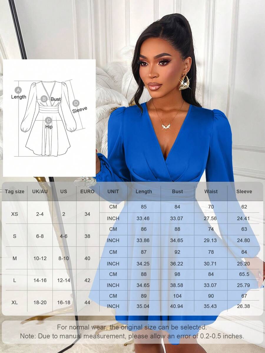AIJ Cette élégante mini-jupe satinée de couleur unie avec col en V ajusté et manches bouffantes est le choix parfait pour les saisons de printemps et d'automne. Convient pour les fêtes, les trajets quotidiens, Noël, le Nouvel An, la Saint-Valentin et diverses occasions. - bleu indigo - Voir 1