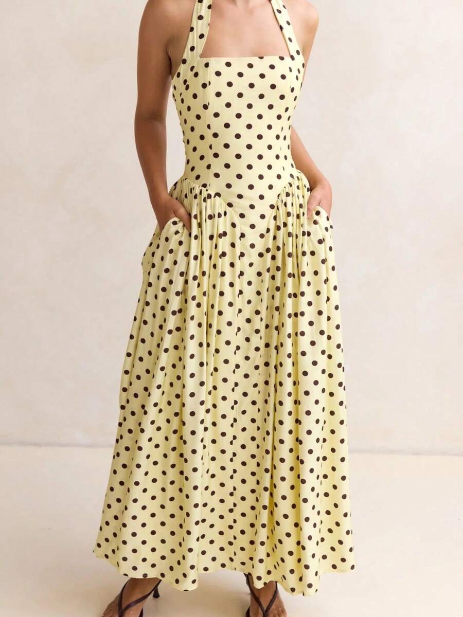 Women's Summer Yellow Polka Dot Halter Neck A-Line Maxi Dress Sleeveless Flowy Figure Flattering Party Casual Dress For Daily Beach Date Night Easy Gift - 黃色 - 查看 1
