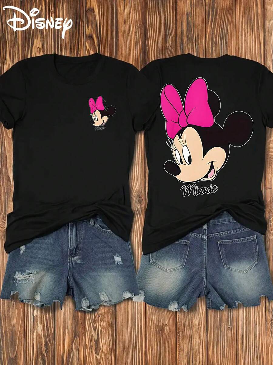 Disney Minnie Mouse Cartoon Print Women'S Casual Short Sleeve T-Shirt, Soft Elastic Crew Neck, Front And Back Design, Regular Fit, Breathable Summer Top For Everyday Wear - màu đen - Xem 1