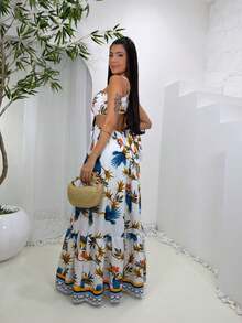 Women's Floral Long Dress, Loose Fit, Elegant, Lined, Printed - 白色和藍色圖案 - 查看 3