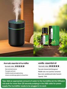 [Home Decor]1pc 180ml Small Cold Mist Humidifier, Romantic Colorful Atmosphere Night Light, Mini Car Aromatherapy Humidifier. Quiet Operation, Timer Auto Shut-Off Function, 2 Working Modes. Compatible With Essential Oils (6 Scents Available). This Set Includes 1 Humidifier And 1 Bottle Of Essential Oil. Perfect For Car, Office, Bedroom, Living Room, Air-Conditioned Room, Study And Computer Room, This USB Powered Air Freshener (Requires Plug-In Use) Provides Air Humidification And Moisturizing, Creating A Comfortable Environment For You. - Black and White - View 24