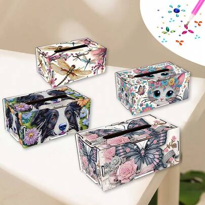 1pc Diamond Painting Tissue Box Kit, Dragonfly, Cat, Puppy, Butterfly Patterns, Wooden Material With Round Rhinestone Accents, Includes Dotting Tools, Suitable For Home, Dining Room, Living Room Desktop Decor