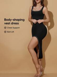 Suprenx Square Neck Backless Ruched Slit Fitted Mid-Length Casual Dress - Black - View 2