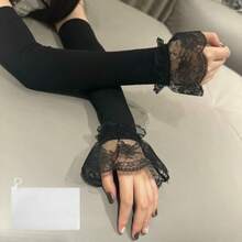 OBOVAY 1對女款夏季蕾絲冰絲袖套，喇叭口網布透氣防曬長袖護臂，戶外旅行便攜涼感防紫外線袖套組 - 黑色 - 查看 15