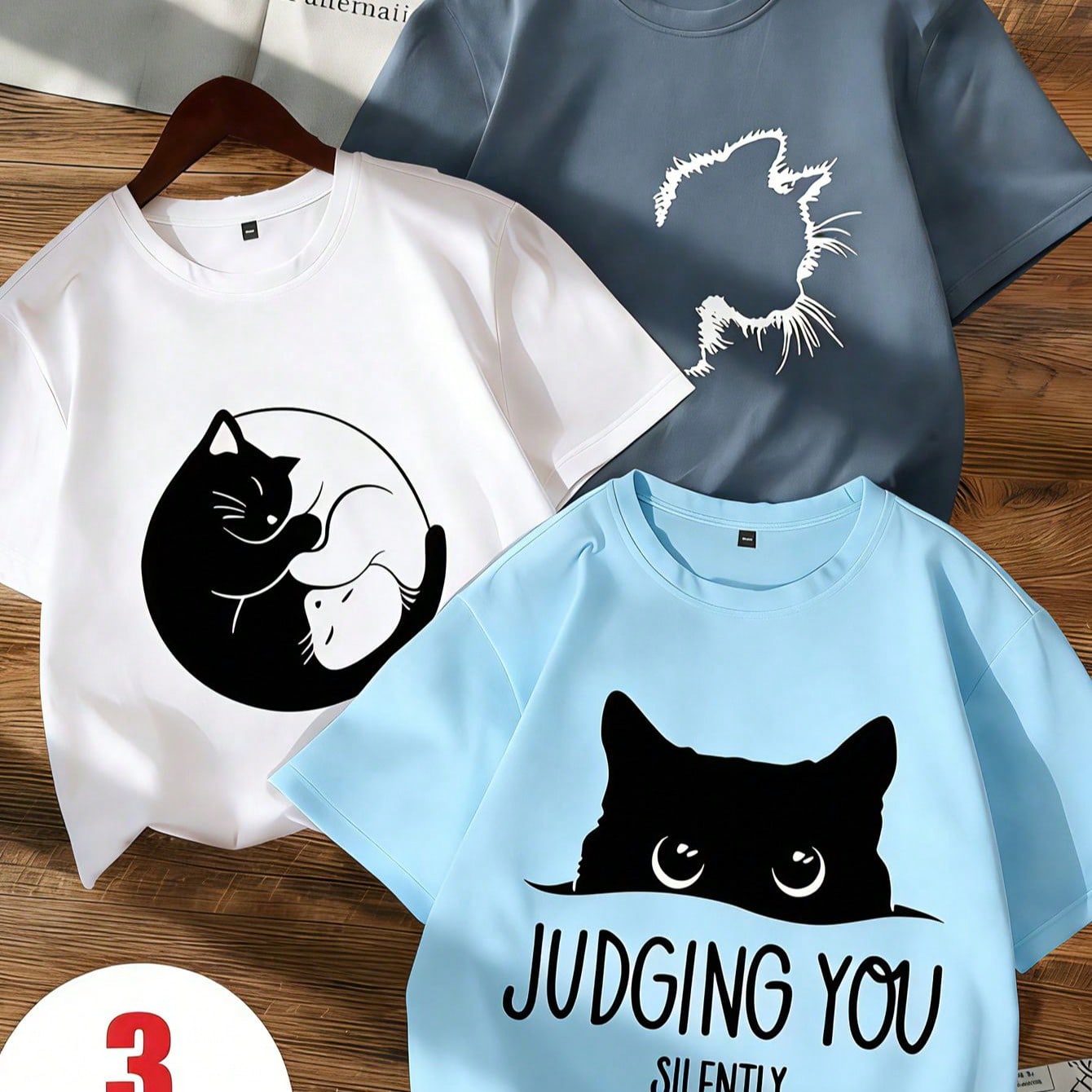 Set de 3 camisetas de manga corta con estampado de gato de dibujos animados para niñas preadolescentes, adecuadas para blusas de verano de estudiante