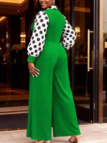 Elegant Plus Size Green Long Jumpsuit, Decorated With Polka Dot Bishop Lantern Sleeves, Shirt Collar And Button Accents, Loose And Comfortable - Green - View 2