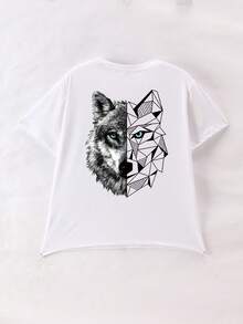 Chiếc áo thun ngắn tay này có thiết kế hình đầu sói độc đáo, kết hợp với áo cổ tròn màu be kiểu dáng thường ngày. - trắng - Xem 3