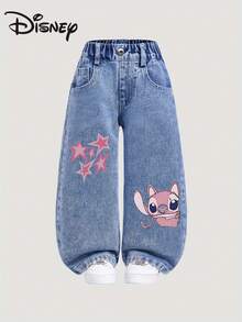 Disney Official Licensed | Stitch & Angel Love Heart Print Wide-Leg Jeans | 100% Polyester Ultra Comfortable & Super Soft | Light Blue Unisex For Kids 1-14 Years | High Appearance, High Turnout, Daily Versatile, Relaxed Fit, Stylish Casual Style | Perfect For School & Outings In Spring & Fall | New Arrival | Express Delivery - 藍色 - 查看 1